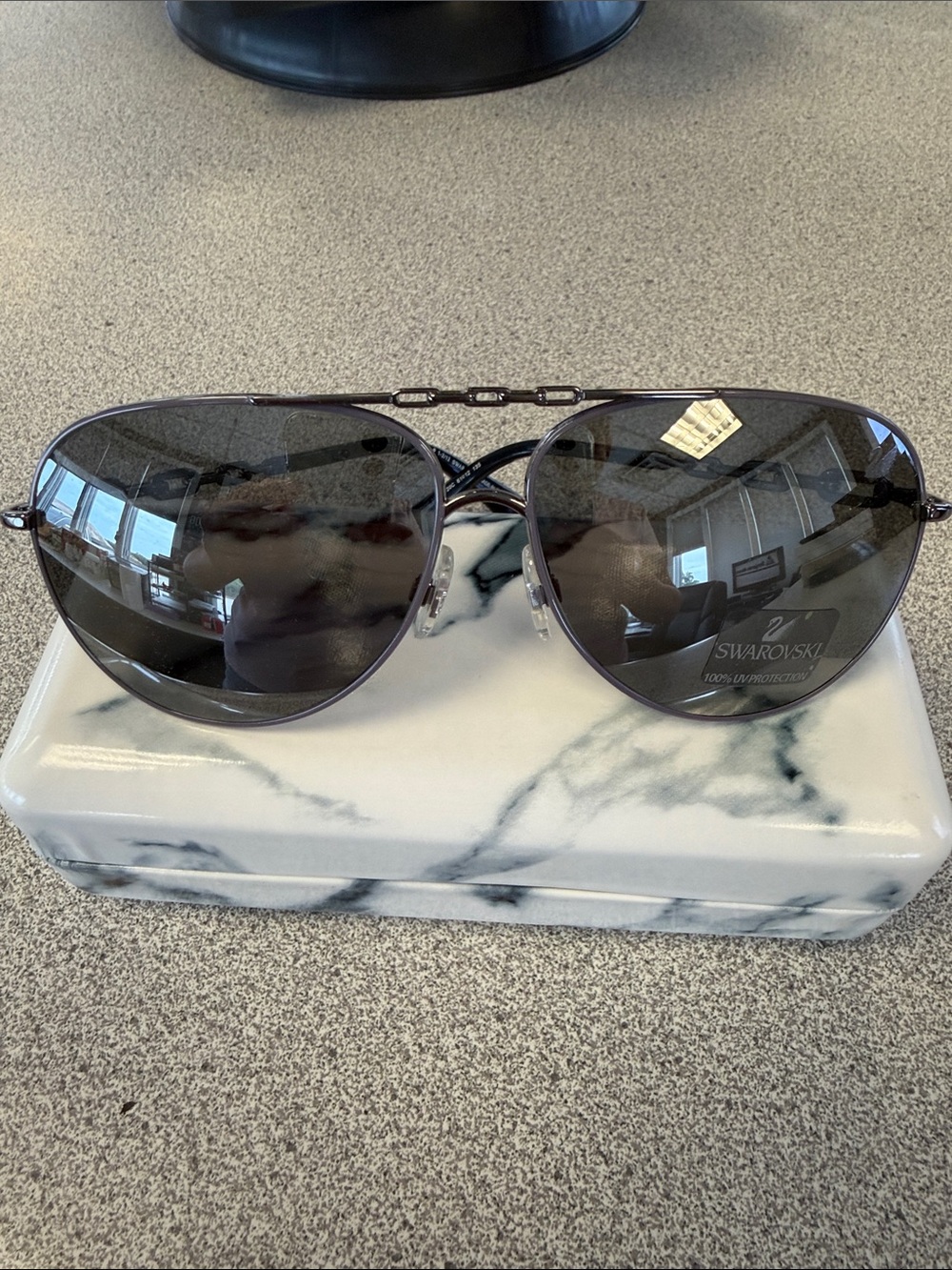 Swarovski Black Temple Sunglasses with Gold Chain Accent